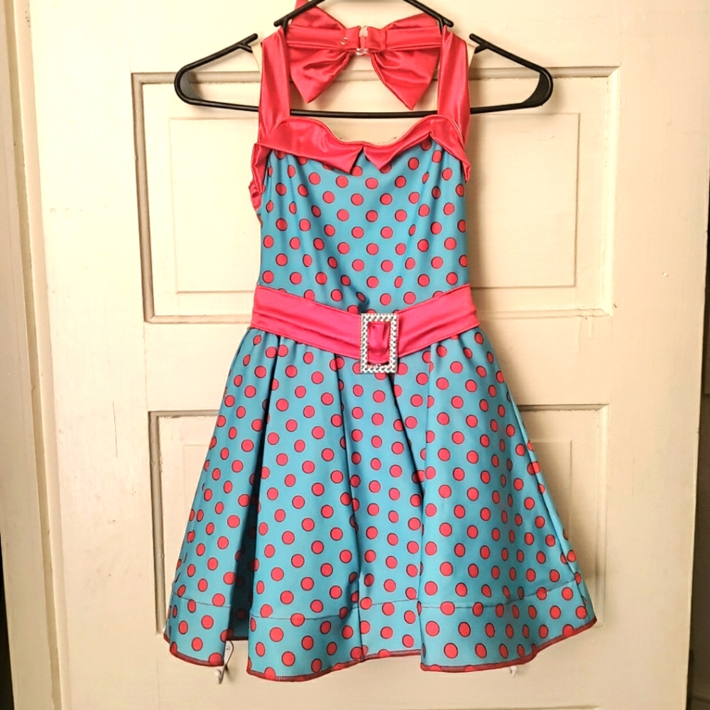 Weissman girls tap/jazz dance dress/costume. Blue with red polka-dots, size IC.
